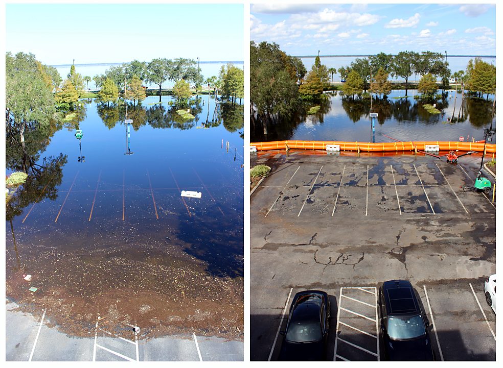 Before-and-after comparison showing flooded ground beside a parking lot held dry by a barrier line