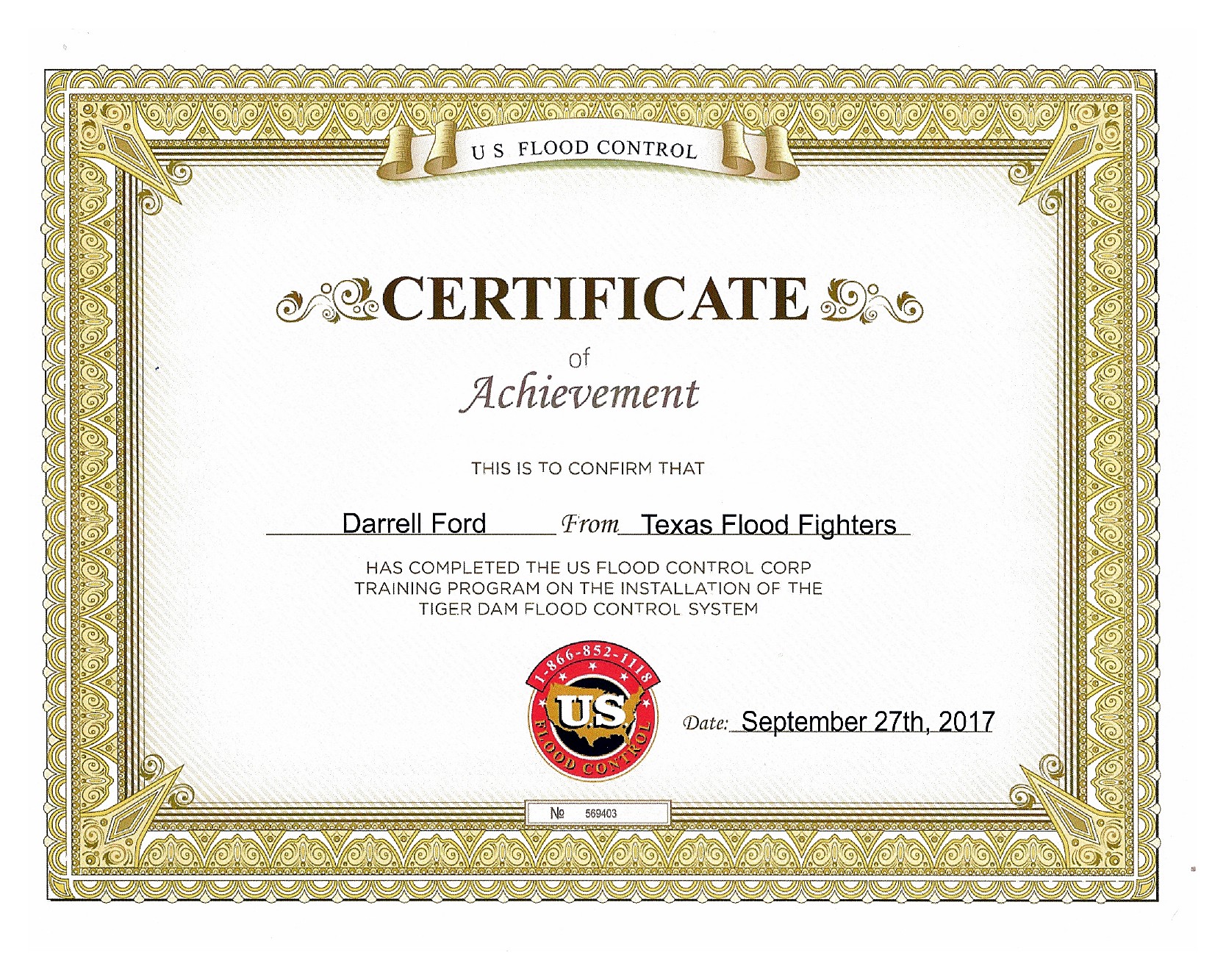 Certificate of Achievement issued to Darrell Ford of Texas Flood Fighters by U.S. Flood Control Corp for completing the Tiger Dam flood control system installation training program
