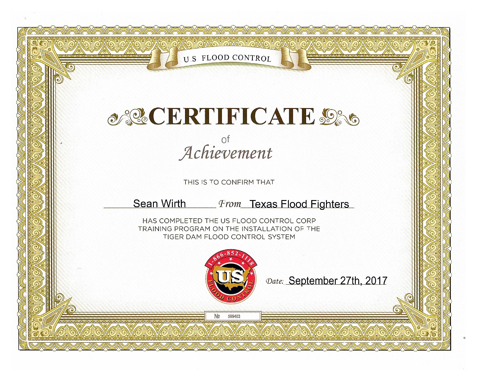 Certificate of Achievement issued to Sean Wirth of Texas Flood Fighters by U.S. Flood Control Corp for completing the Tiger Dam flood control system installation training program