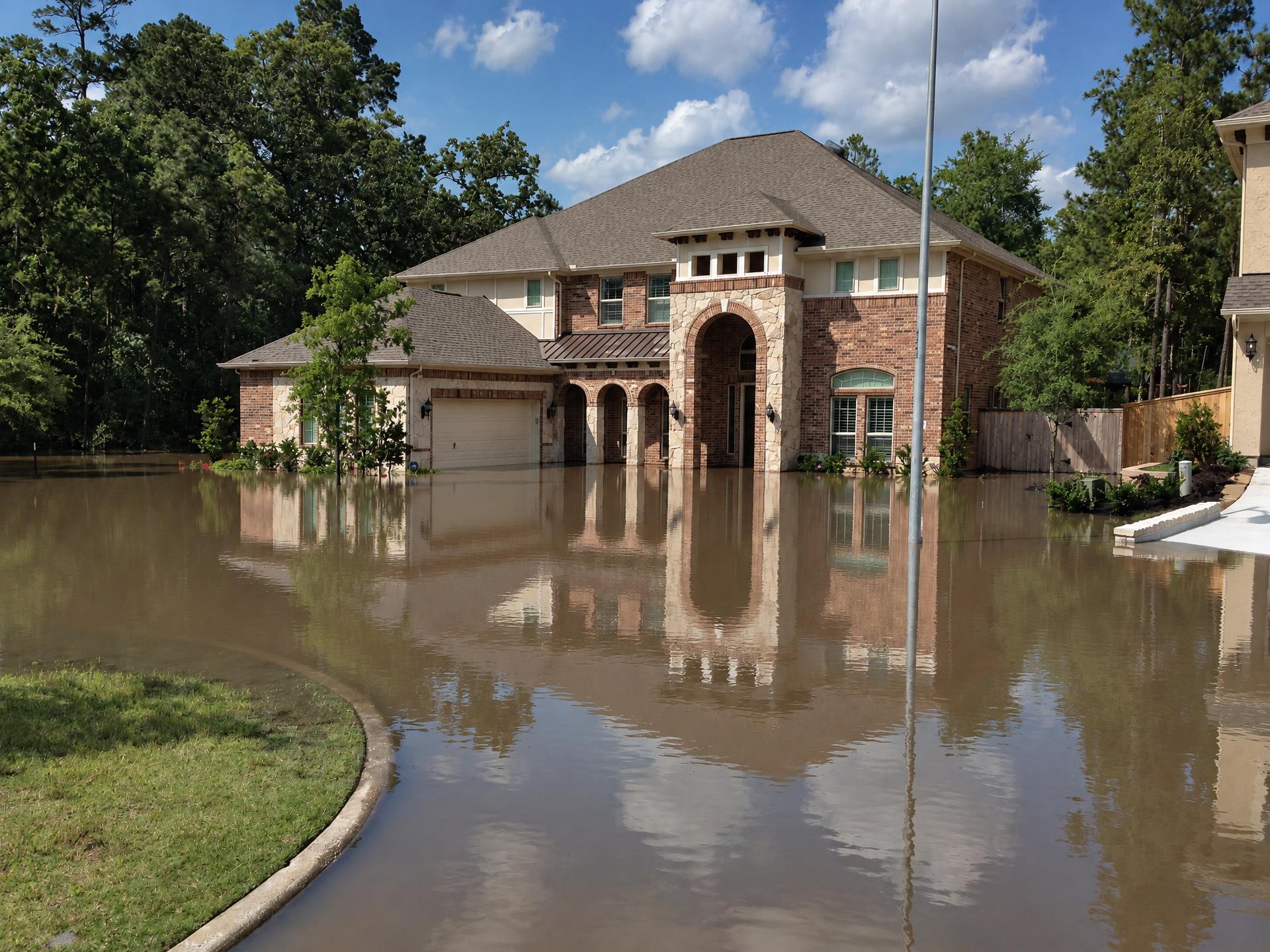 Wide view of a home surrounded by standing floodwater under a clearing sky