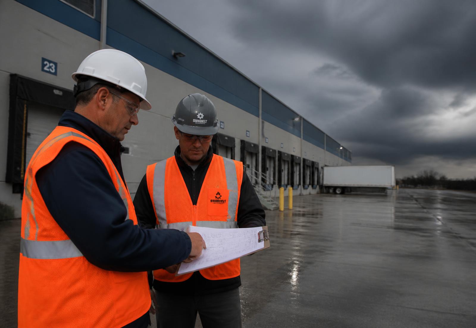 Crew members reviewing a deployment plan outside a commercial loading dock under storm clouds