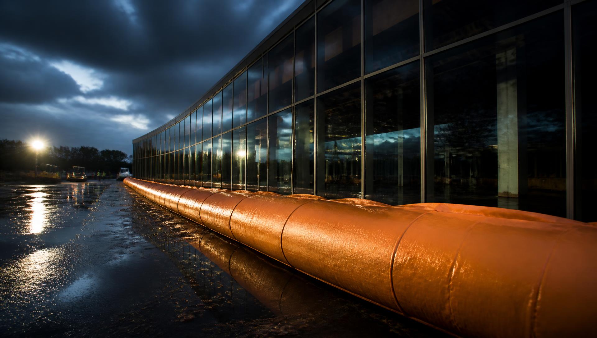 Water-filled flood barrier deployed along the glass facade of a commercial building at dusk
