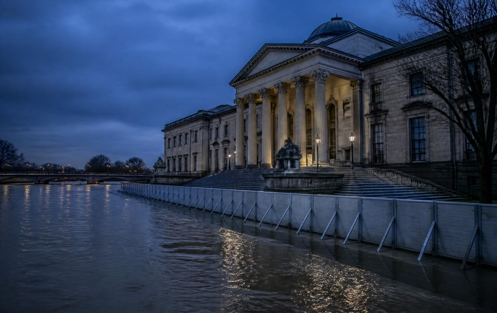 Temporary flood barrier protecting a riverside institutional building during high water